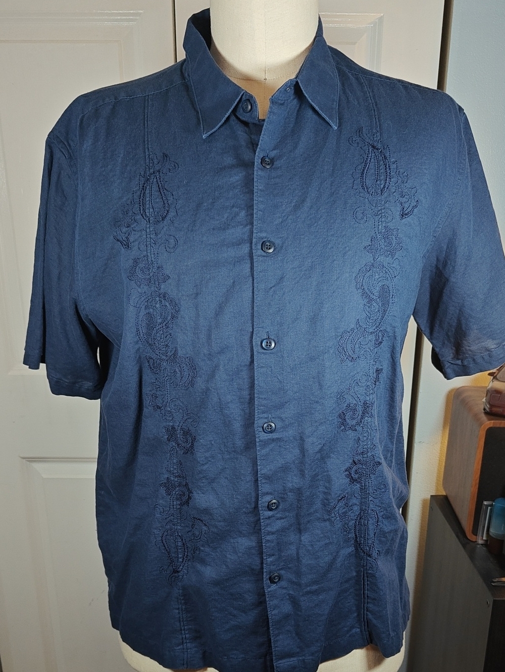 Cubavera Men's Dark Navy Embroidered Linen Short Sleeve Guayabera Shirt XXL